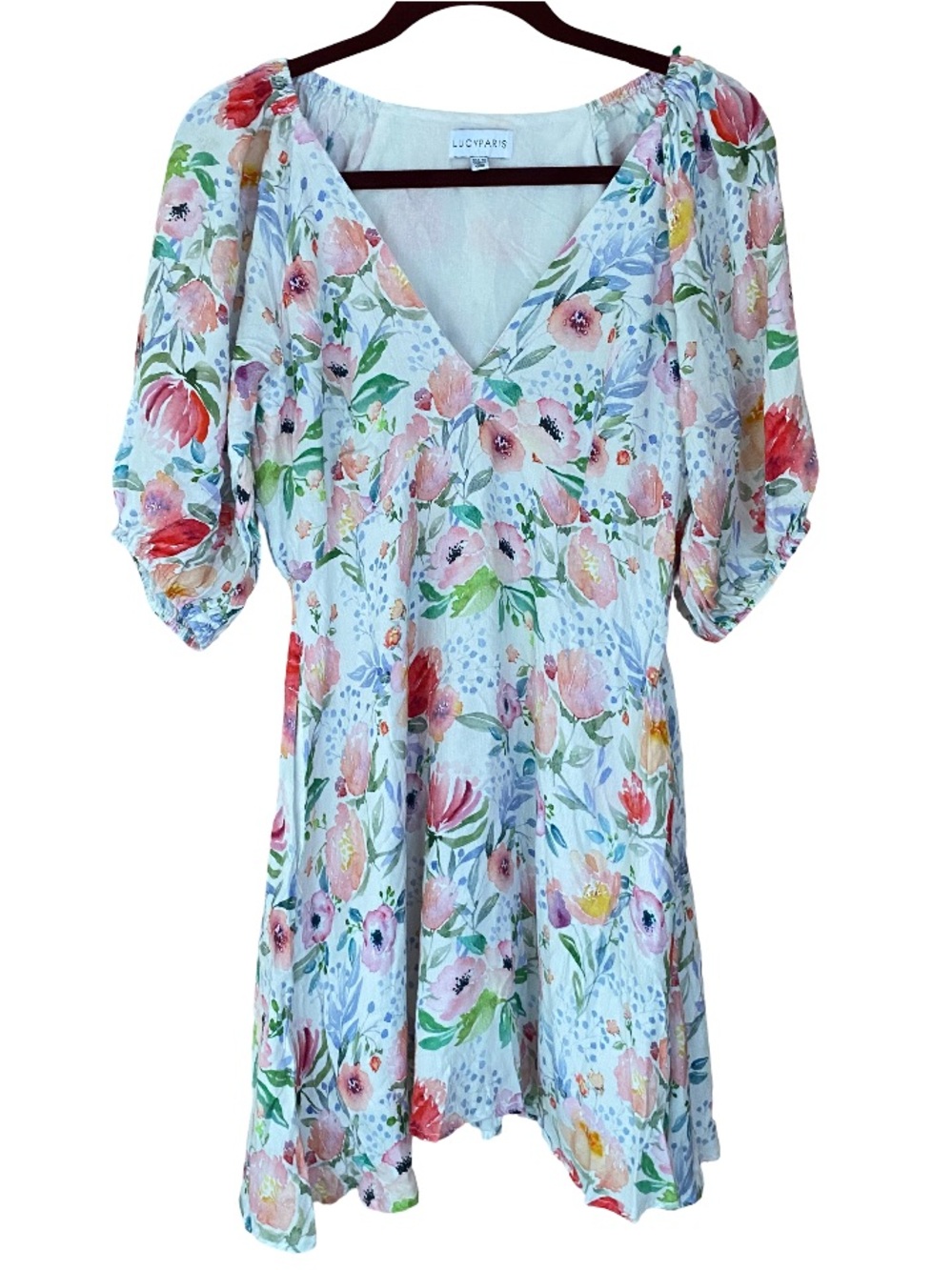 Lucy Paris pastel floral azalea v-neck puff sleeve garden mini dress size medium